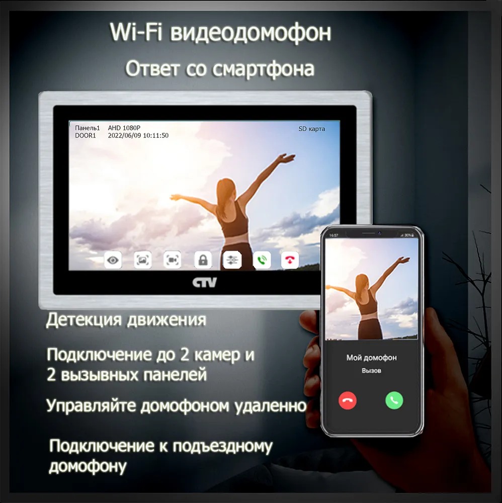 Видеодомофон CTV M5102 AHD c Wifi (черный) - фото1 Видеодомофон CTV M5102 AHD c Wifi (черный) - фото1