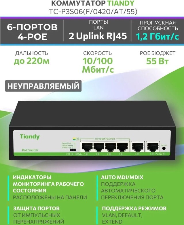 Коммутатор Tiandy TC-P3S06 Spec:F/0420/AT/55 (4хPoE, 2хRJ45) фото-3